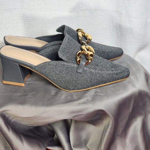 Newbella Grey Mousse Fit Pointed Toe Square Heel Gold Tone Chain Dress Mule 7.5 - Picture 5 of 16